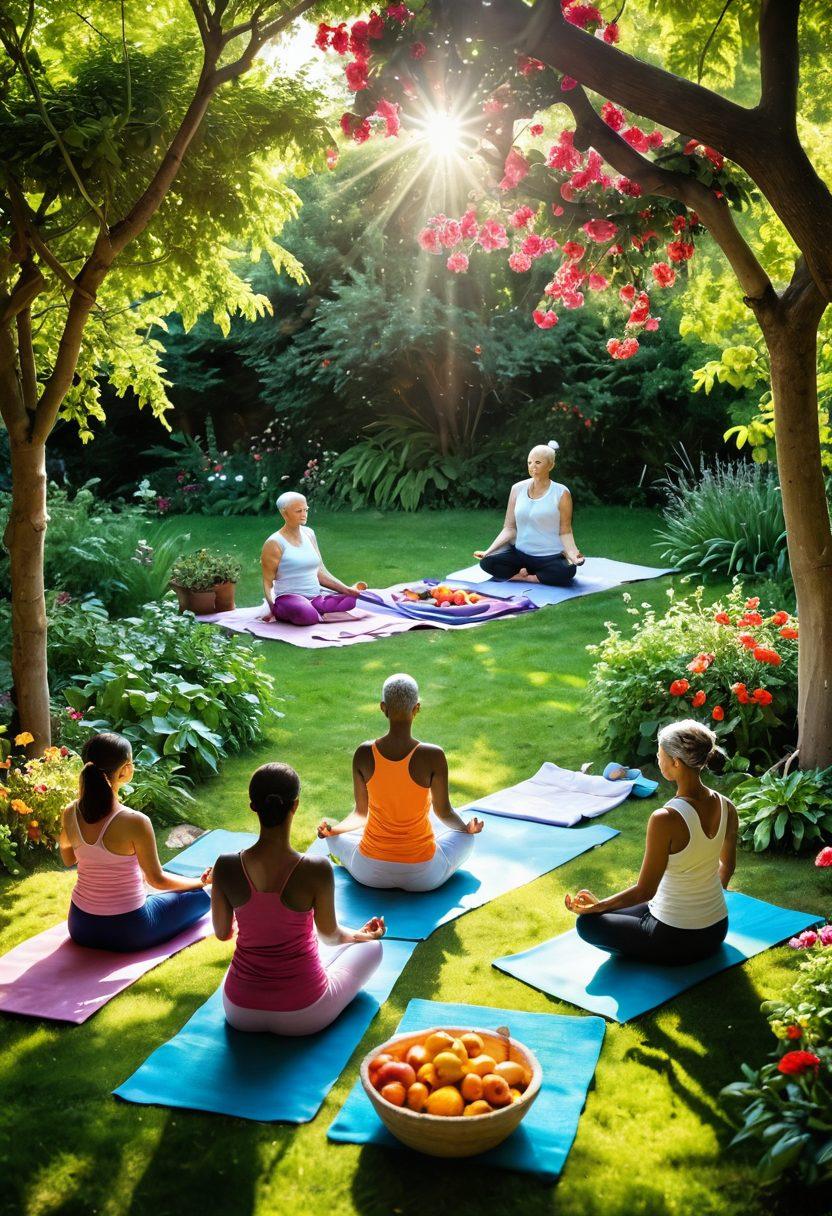 A serene and uplifting scene depicting a diverse group of cancer survivors practicing yoga in a sunlit garden, surrounded by vibrant flowers and greenery. In the foreground, a table is set with colorful, fresh fruits and nutritious meals, symbolizing healthy eating. Soft sunlight filters through the trees, creating a peaceful atmosphere. The image conveys hope, vitality, and togetherness. vibrant colors. super-realistic.