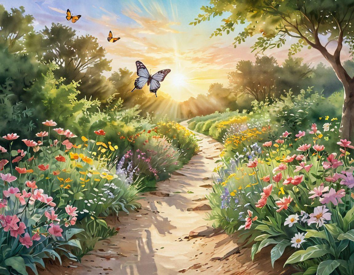 A serene pathway symbolizing a journey, lined with supportive hands reaching out, surrounded by lush greenery and blooming flowers. At the horizon, a bright sun casts a warm glow, symbolizing hope and resilience. Include a subtle overlay of support resources like brochures and a calming butterfly. watercolor style. soft pastels. uplifting and warm tones.
