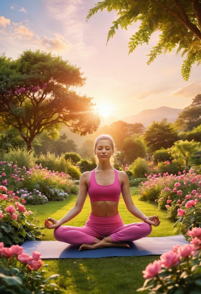 A serene landscape symbolizing wellness, featuring a diverse group of people practicing yoga and meditation in a lush garden filled with vibrant flowers and greenery. Illustrate a warm sunrise in the background, symbolizing hope and support, with subtle symbols of cancer awareness such as pink ribbons woven into the scene. The atmosphere should evoke feelings of empowerment, community, and healing. super-realistic. vibrant colors. peaceful ambiance.